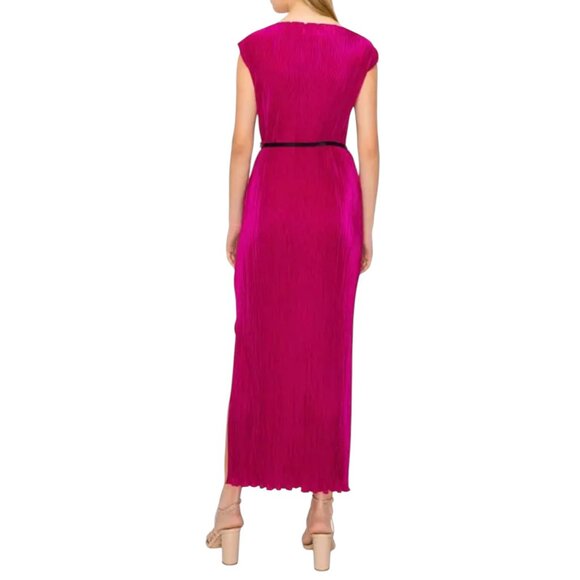 NWT Women's MELLODAY Cap‎ Sleeve Belted Plissé Dress Raspberry | Size M - Picture 5 of 15
